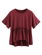 Women's Loose Ruffle Hem Short Sleeve High Low Peplum Blouse Top
