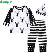 CHAMSGEND White Toddler Newborn Baby Girl Deer Print O-Neck Tops+ Striped Pants+Cap 3PCS Outfits Set jul28 P30