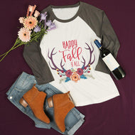 Plus Size Fall Woman Splicing T-Shirt Antlers Letters Print 3/4 Raglan Sleeve O-Neck Girls T-Shirt 2017 Fashion Casual Lady Tops
