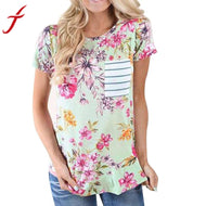 Fashion Women Green T Shirt Female Short Sleeve Flower Printing Casual Striped Tops Shirt With Pocket Tops Tee Shirt harajuku