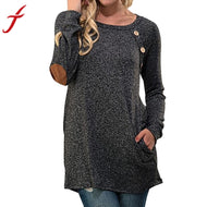 Women's Fashion Blouse Long Sleeve Button Elbow Patchwork O-Neck Blouse for Ladies Tops Feminina