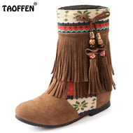 TAOFFEN Women New Fashion Spring Autumn Flat Hidden Heels Beaded Tassel Ladies Boots National Trend Shoes Footwear Size 34-39