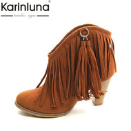 KARINLUNA 2017 Large Size 34-43 Black Brown Pink Tassels Platform Women Shoes Woman Vintage Fringe High Heels Ankle Boots
