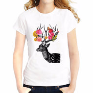 Flowering on Sika deer antlers t shirt Women white casual T-Shirt Short Sleeve Breathable o-neck girls tshirt