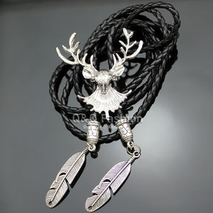 Western Cowboy Deer Head Horn Antler Stag Zuni Feather Rodeo Leather Bolo Tie Jewelry 2017 New