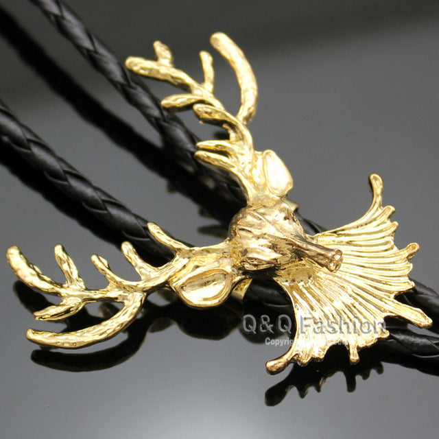 Western Cowboy Deer Head Horn Antler Stag Zuni Feather Rodeo Leather Bolo Tie Jewelry 2017 New
