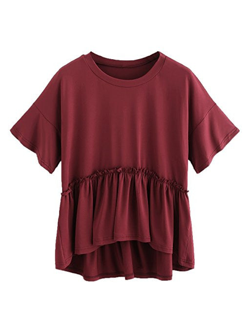 Women's Loose Ruffle Hem Short Sleeve High Low Peplum Blouse Top