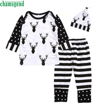 CHAMSGEND White Toddler Newborn Baby Girl Deer Print O-Neck Tops+ Striped Pants+Cap 3PCS Outfits Set jul28 P30