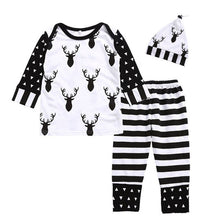 CHAMSGEND White Toddler Newborn Baby Girl Deer Print O-Neck Tops+ Striped Pants+Cap 3PCS Outfits Set jul28 P30