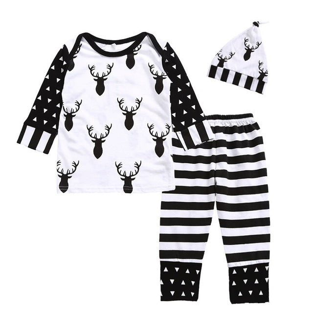 CHAMSGEND White Toddler Newborn Baby Girl Deer Print O-Neck Tops+ Striped Pants+Cap 3PCS Outfits Set jul28 P30