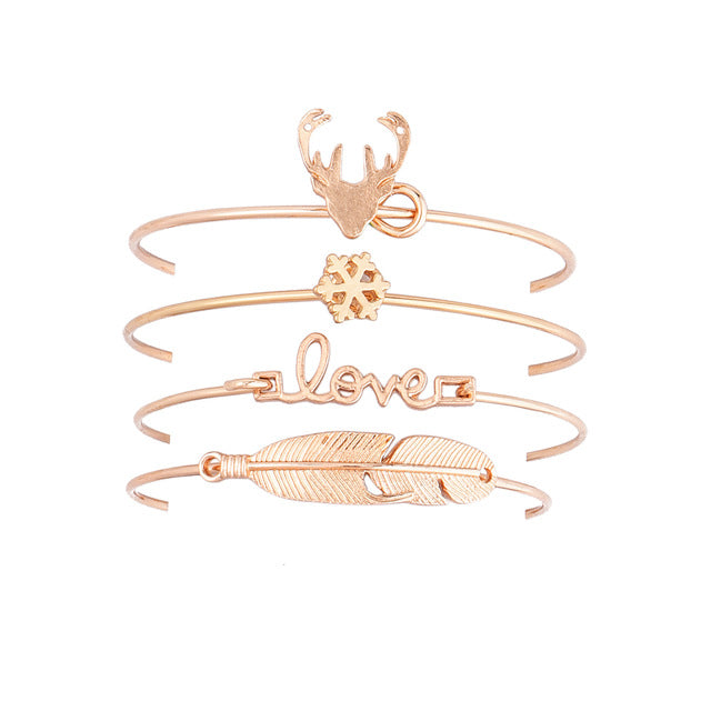 New leaf snowflake love deer antlers cuff bangle set fashion jewelry gifts 1set=4pieces B0011