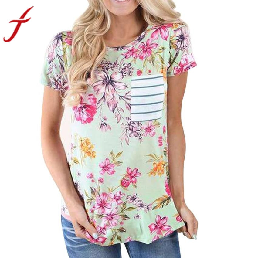 Fashion Women Green T Shirt Female Short Sleeve Flower Printing Casual Striped Tops Shirt With Pocket Tops Tee Shirt harajuku