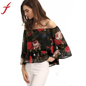 Summer Sexy Women Blouse Off Shoulder Floral Printing Chiffon Blouse Shirt Sleeve Half Tops shirt #LSIN