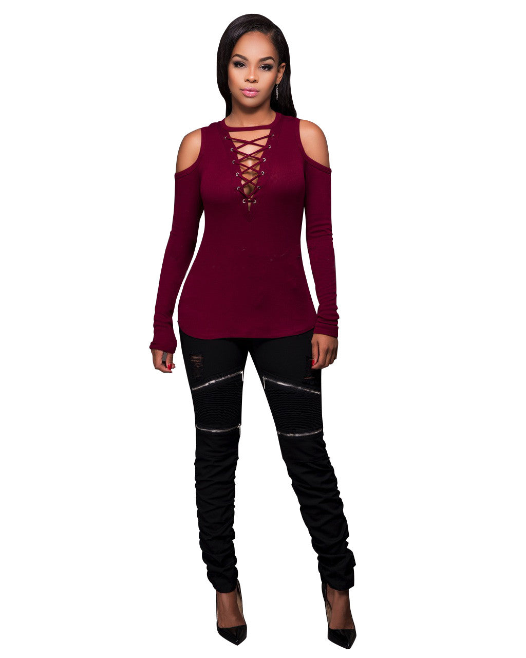 Women's Sexy Cool Shoulder Blouse Lace-Up Ribbed Tops