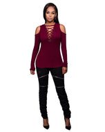 Women's Sexy Cool Shoulder Blouse Lace-Up Ribbed Tops