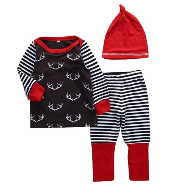 2017 Winter Newborn Infant Baby Boys Girls Antlers Printing Tops T-Shirt Long Pants Hat Outfits Set Xmas Clothes 0~2Y j2