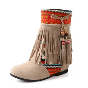 TAOFFEN Women New Fashion Spring Autumn Flat Hidden Heels Beaded Tassel Ladies Boots National Trend Shoes Footwear Size 34-39
