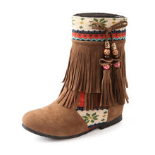 TAOFFEN Women New Fashion Spring Autumn Flat Hidden Heels Beaded Tassel Ladies Boots National Trend Shoes Footwear Size 34-39