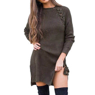 2017 Long Sleeve Crew Neck Side Crossed Lace-Up Women Autumn Winter Knitted Blusas Loose Basic Western Style OL Pullover Sweater