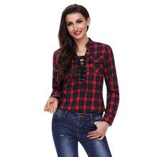 Women's V Neck Lace Up Tops Check Plaid Loose Long Sleeve T Shirt Tee Blouse