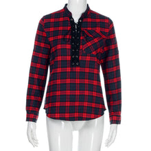 Women's V Neck Lace Up Tops Check Plaid Loose Long Sleeve T Shirt Tee Blouse