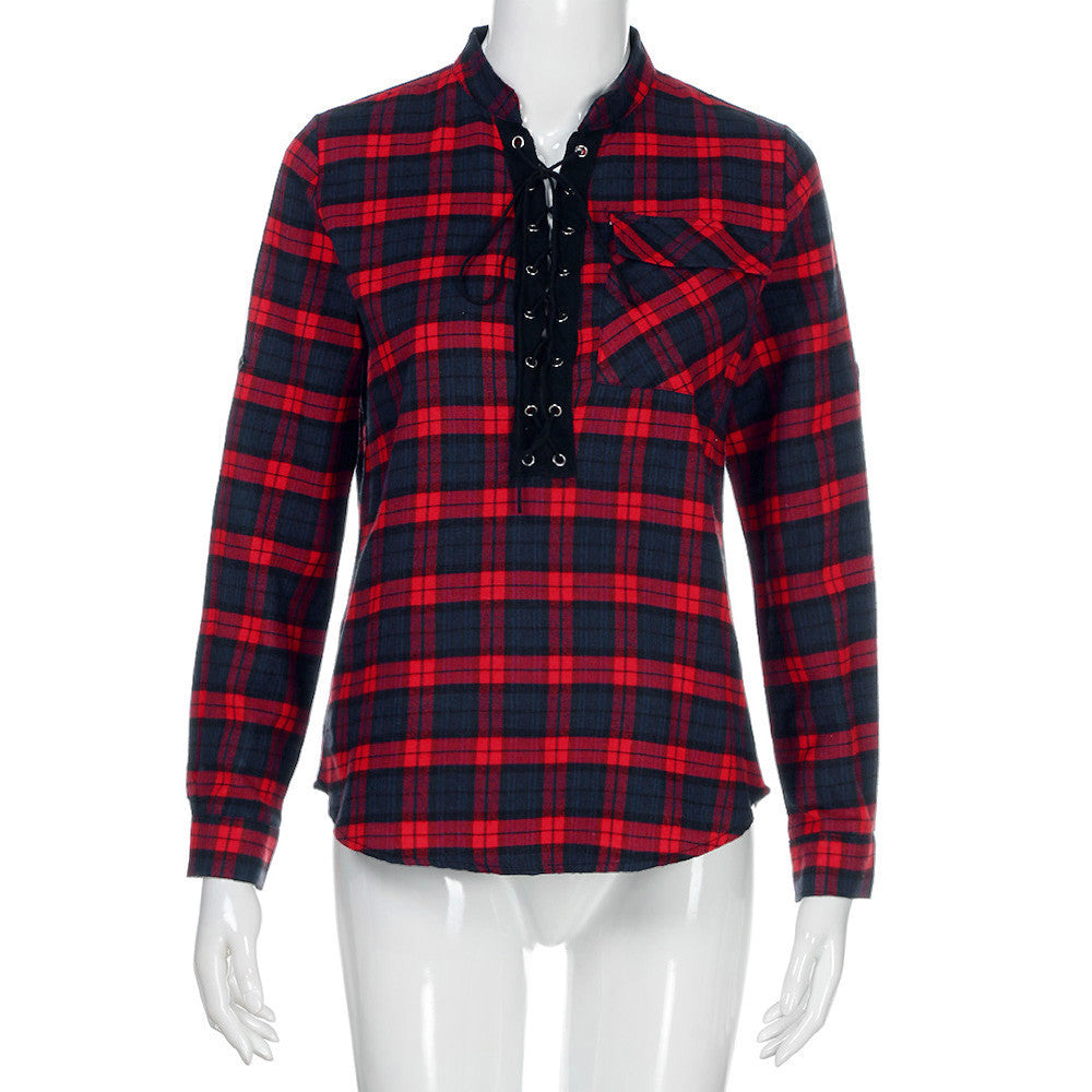 Women's V Neck Lace Up Tops Check Plaid Loose Long Sleeve T Shirt Tee Blouse