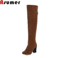 2017 autumn winter new arrive high quality pu leather over the knee boots round toe high heel rhinestone women boots