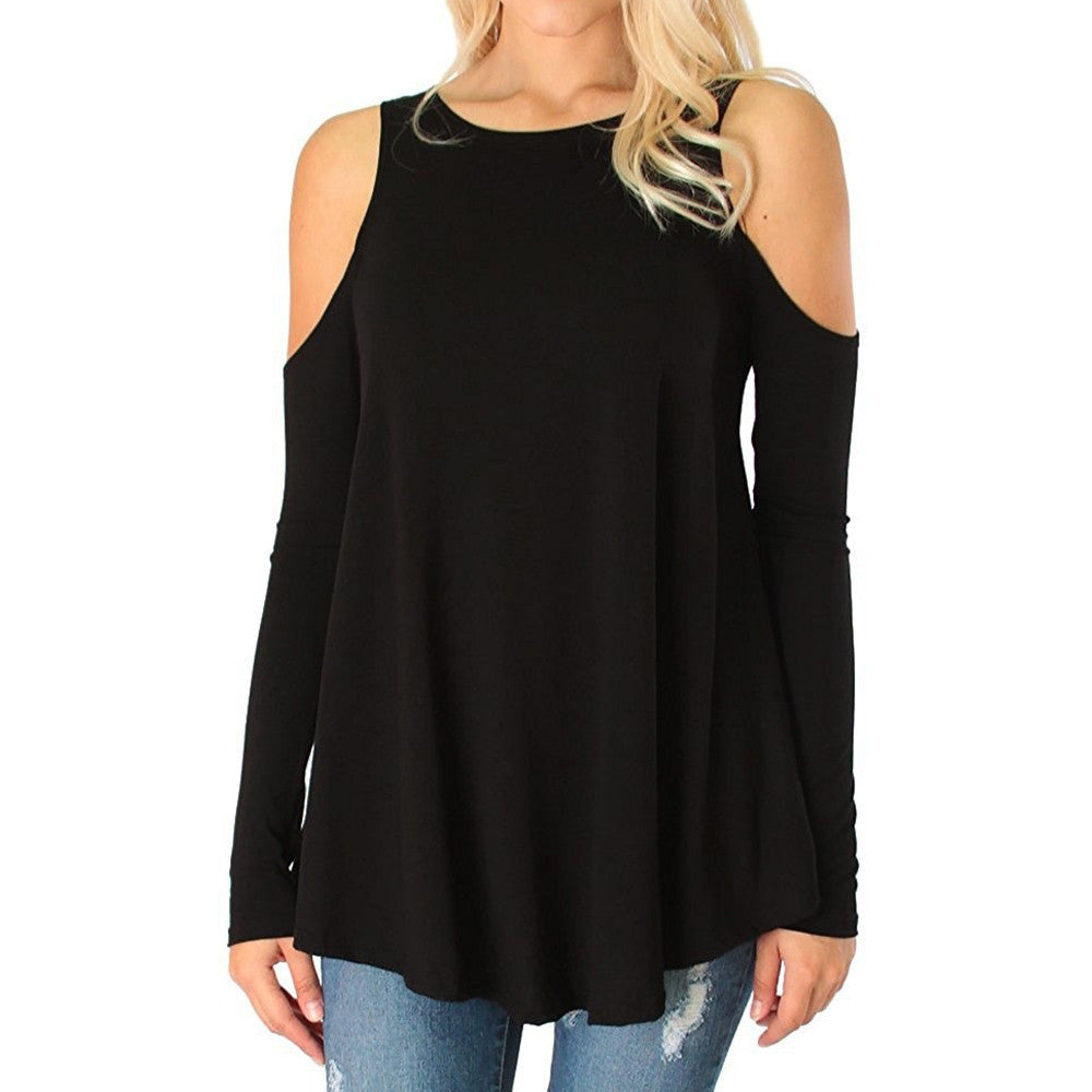 Women's Round Neck Long Sleeve T-shirt Strapless Loose Blouse Plus Size Tops