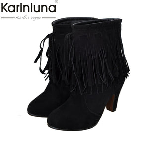Big size 34-47 2017 New Fashion Women Shoes Party Spring Autumn Tassels Suede Nubuck Leather High Heels Ankle Boots