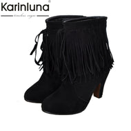 Big size 34-47 2017 New Fashion Women Shoes Party Spring Autumn Tassels Suede Nubuck Leather High Heels Ankle Boots