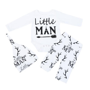 Baby Boys Christmas Clothes Set Letters Printed White Long Sleeve Romper Top + Antlers Pattern Long Pants + Hat 3Pcs Xmas Outfit