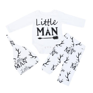 Baby Boys Christmas Clothes Set Letters Printed White Long Sleeve Romper Top + Antlers Pattern Long Pants + Hat 3Pcs Xmas Outfit
