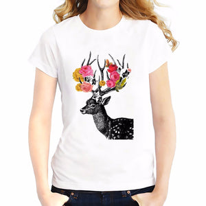 Flowering on Sika deer antlers t shirt Women white casual T-Shirt Short Sleeve Breathable o-neck girls tshirt